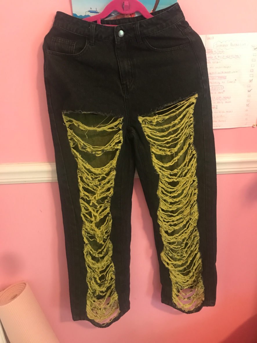 Denim Villain Era Ultra-Distressed Black and Green Jeans For