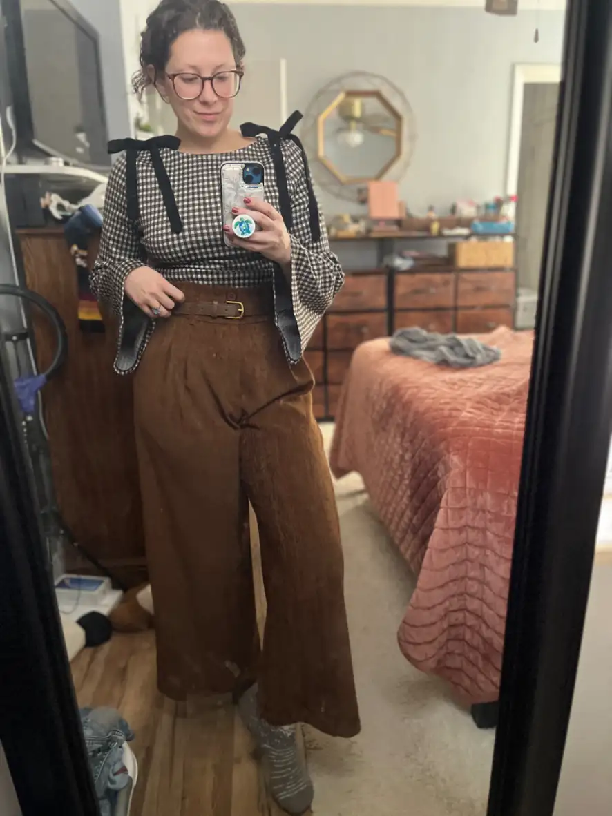 Corduroy Corduroy High Rise Solid Pleated Wide Leg Trousers With Belt For Work