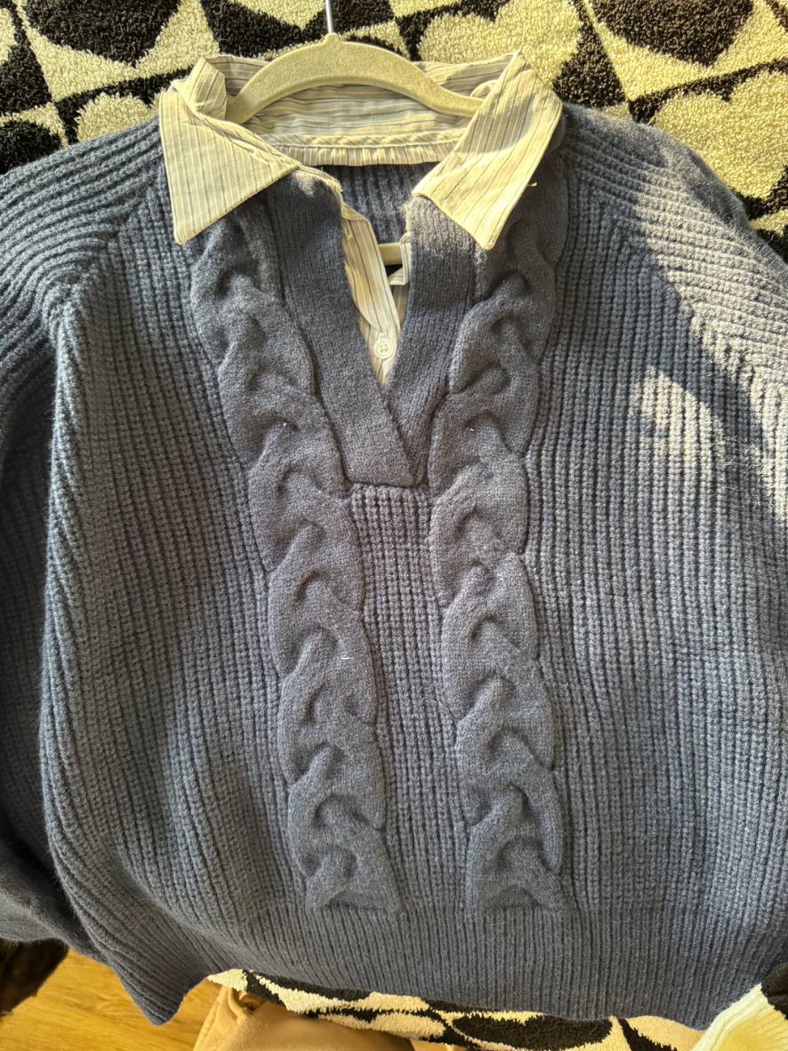 Preppy Knit Fabric Cable Knit Collar Two Tone Long Sleeve